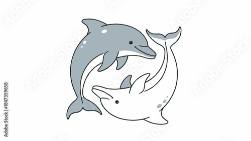 Cute Dolphin Pair Cartoon Illustration – Playful Sea Animals Yin Yang Style Design