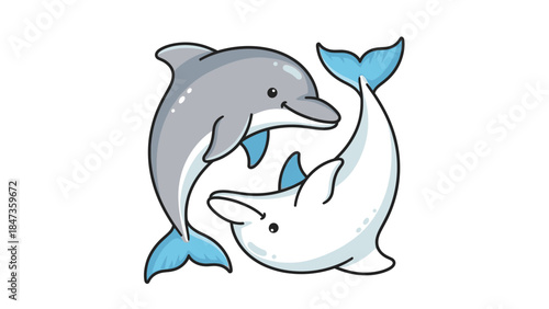 Cute Dolphin Pair Cartoon Illustration – Playful Sea Animals Yin Yang Style Design