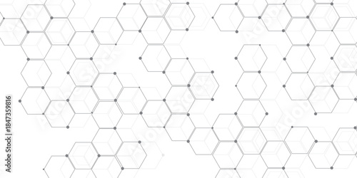 Molecular structure abstract tech background. Geometric white background. Vector banner design with hexagons. Science network pattern, connecting lines and dots Medical background, Vector illustration