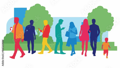 Diverse group of people walking and interacting in a city park setting.