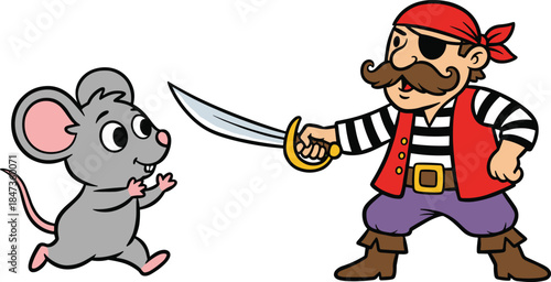 Cartoon pirate with sword, friendly mouse interaction, whimsical character illustration, humorous animal scene, fantasy adventure, playful duo, children’s story concept
