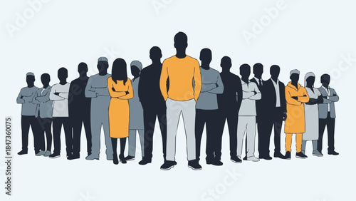 Diverse group of people standing together with a leader in front.