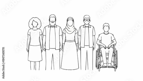 Diverse group of people standing together showing unity and inclusion.