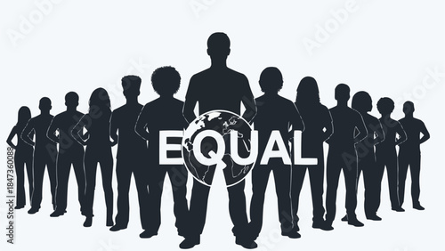Diverse group of people standing together with the word EQUAL in the center representing unity and equality.