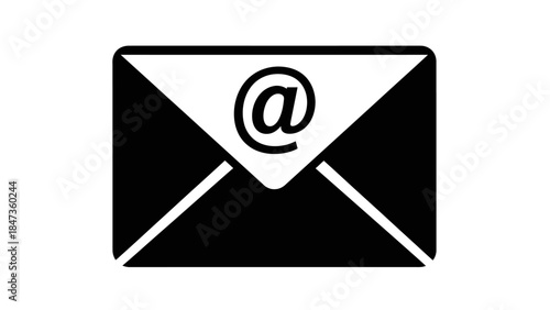 Email message envelope with an at symbol isolated on white background black and white icon for electronic mail communication and digital correspondence