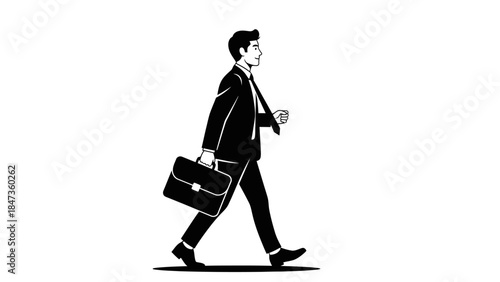 Businessman walking with briefcase silhouette, professional male in suit moving forward, corporate executive carrying bag on white background