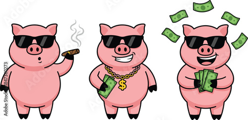 Cartoon rich pigs, funny wealth, sunglasses, money bills, cigar, dollar chain, humorous animals, luxury lifestyle, playful illustration, greedy pig