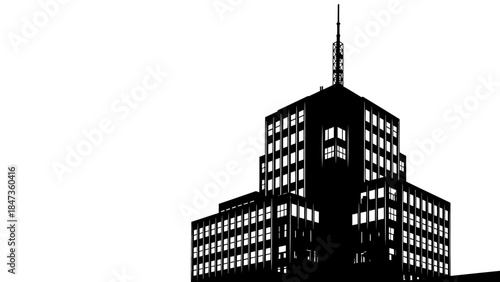 Large multistory corporate building with numerous windows and an antenna on top, depicted as a bold silhouette against a clean white background
