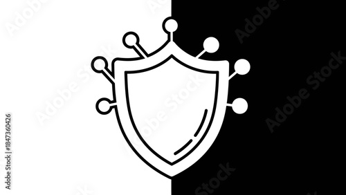 Digital security shield icon on split black and white background, representing data protection, cybersecurity, and online safety for computer networks and information systems