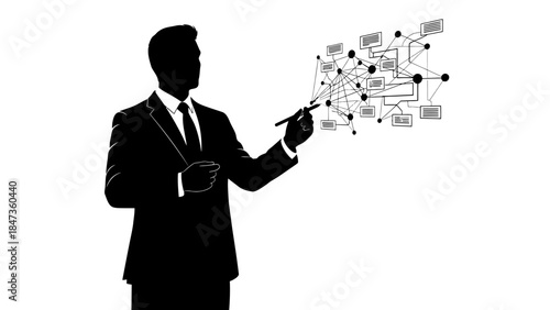 Businessman presenting complex network of interconnected data points, demonstrating strategy, innovation, and digital transformation in business and technology landscape