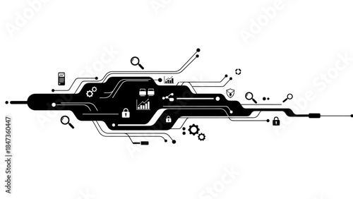 Abstract technology background with flow of digital data, connected devices, and various icons representing cybersecurity, analytics, and business processes