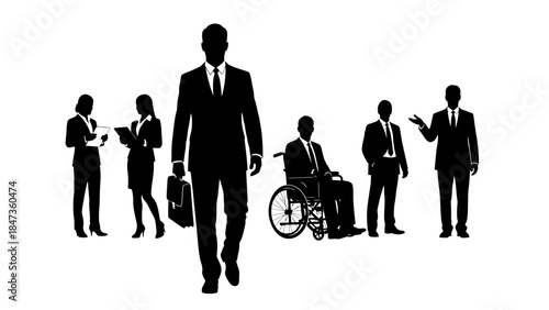 Diverse business people silhouettes professional group in office environment including man in wheelchair representing corporate diversity and inclusion concepts