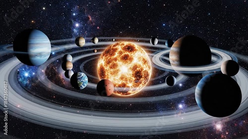 Solar system view shows planets orbiting a fiery sun against a starry backdrop with dusty rings
