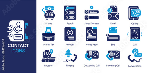Contact Icon set. Containing connect, reach, phone, email, address, inquiry and more. Solid vector icons collection. Vector illustration.