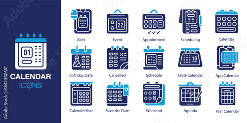 Calendar Icon set. Containing month, year, day, week, deadline, event and more. Solid vector icons collection. Vector illustration.