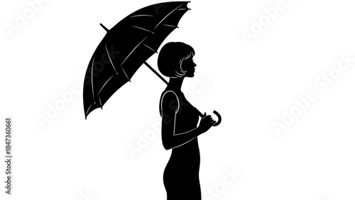 Woman with umbrella silhouette elegant lady holding open parasol black vector illustration isolated on white background