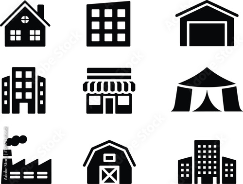 Building and property icons set with house apartment factory warehouse shop barn city silhouettes minimal vector collection