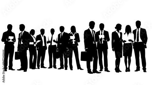 Business people silhouettes set group of men and women standing and holding papers black vector illustration isolated on white background
