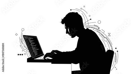 Man working on laptop silhouette male programmer or developer coding black vector illustration isolated on white background
