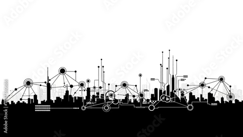 Smart city with digital connections black and white silhouette modern urban landscape with futuristic communication network technology background