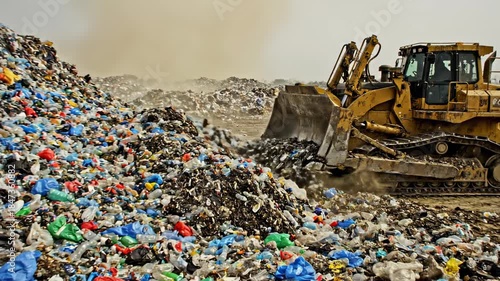 Gigantic bulldozer pushing an immense mountain of discarded plastic bottles and containers within a huge industrial commercial landfill under hazy skies bulldozer, pollution, destruction