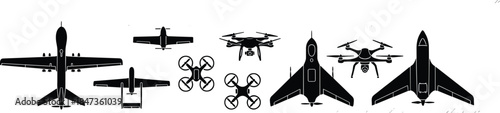 Aircraft and drone silhouettes set including airplane jet and quadcopter UAV, aviation technology illustration isolated on white background