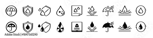 Waterproof icon set. Containing water resistant, water protection, hydrophobic fabric and more. Vector illustration.  