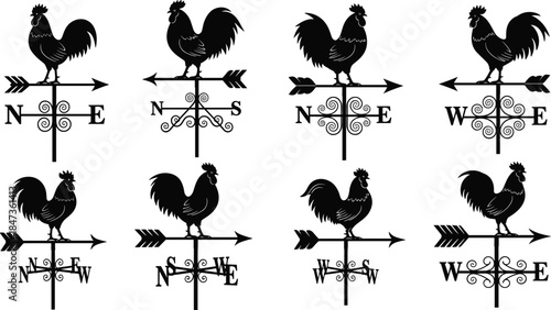 Black and white silhouette vector set of rooster weathervanes atop compass roses with directional arrows (North, South, East, West), perfect for farm, weather, and vintage wind direction graphics.