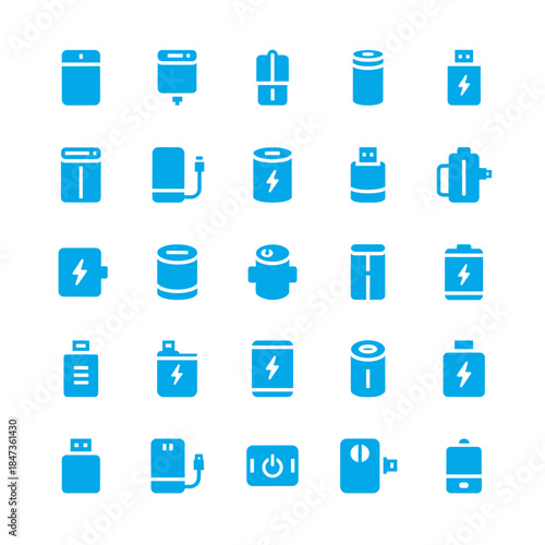 Battery and Power Bank Blue Solid Icon Set for Energy Storage Technology Charging and Portable Devices