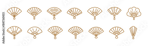 Traditional Japanese and Chinese Folding Fans Line Art Icon Set for Asian Culture Decoration and Dance