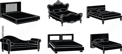 Black bed and sofa furniture silhouettes set vector illustration for bedroom interior design, home decor icons collection isolated on white background