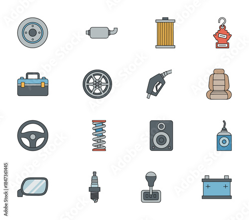 Car Maintenance and Auto Repair Spare Parts Flat Icon Set with Wheel Battery Engine and Tool Box