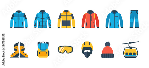 Winter Sports Wear and Snow Activity Equipment Flat Icon Set with Jacket Boots Helmet and Ski Lift