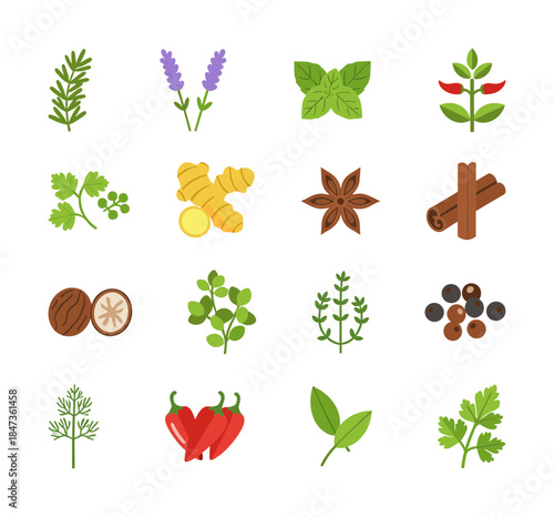 Cooking Spices and Herbs Flat Icon Set with Ginger Cinnamon Nutmeg Basil Rosemary and Chilli Pepper