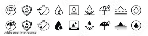Waterproof icon set. Containing water resistant, water protection, hydrophobic fabric and more. Vector illustration.  