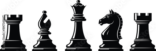 Black chess pieces silhouette set featuring rook bishop queen knight rook vector illustration isolated on white background for strategy board game design