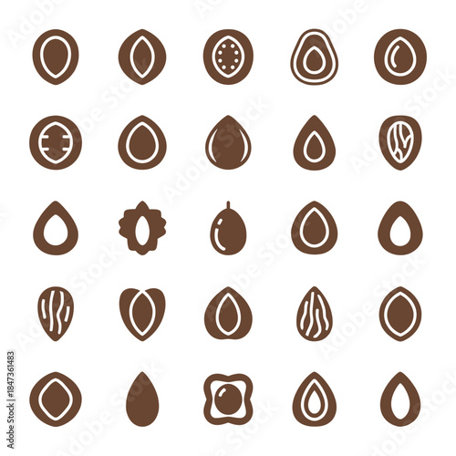 Diverse Collection of Brown Seed and Nut Icons Representing Various Food, Nature, and Health Concepts