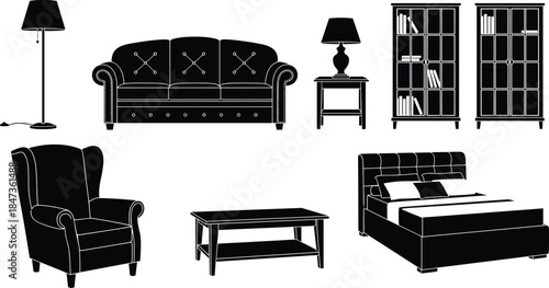Black furniture silhouette set including sofa armchair bed table lamp and cabinet vector illustration isolated on white background for interior design