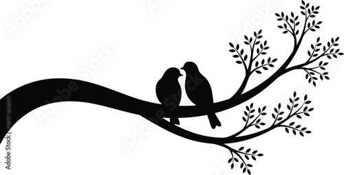 Black silhouette vector illustration of two birds perched on a leafy branch kissing, isolated on white background for wedding and romance designs.