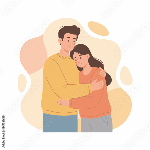 Flat vector illustration of a couple hugging warmly, expressing emotional support, love, comfort, and care in a calm and intimate moment.