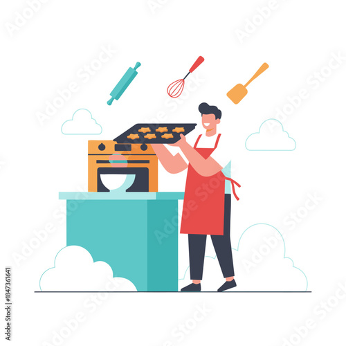 Flat vector illustration of a baker holding a tray of fresh cookies in a kitchen, representing home baking, cooking passion, and sweet desserts.