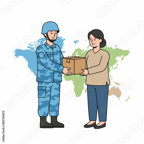 Flat vector shows a peacekeeper delivering a relief box to a civilian, symbolizing humanitarian aid, cooperation, and global support during crises.