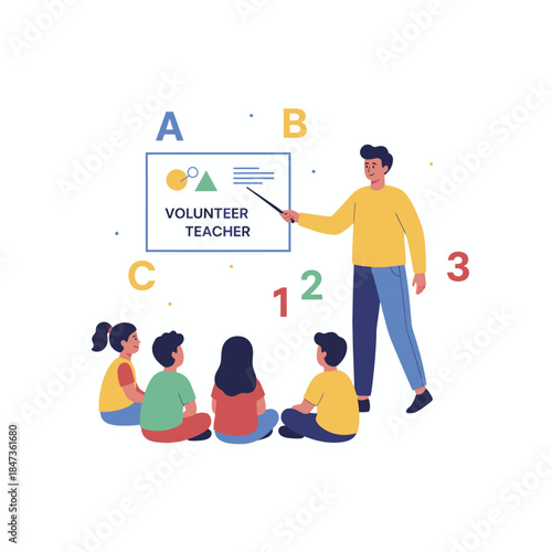 Flat vector illustration of a volunteer teacher guiding children in a classroom, promoting learning, community support, and inclusive education.