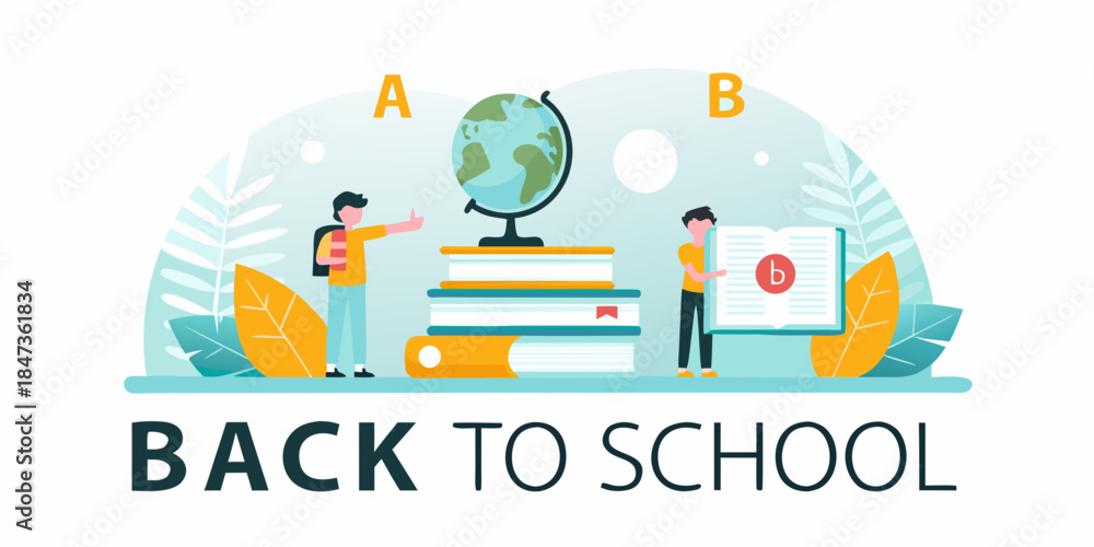 Naklejka premium Back to school concept with students books and a globe illustration