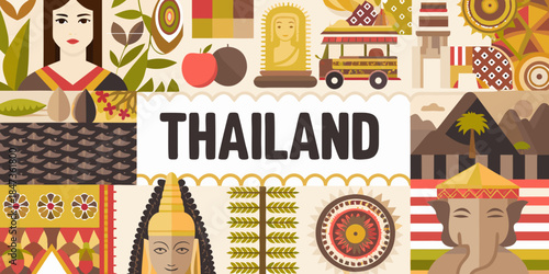 Illustrative thailand collage featuring cultural icons landmarks and traditional motifs