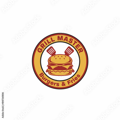 Bold and playful burger logo featuring a juicy hamburger and fries, representing grilled flavor, fast food quality, and a fun casual dining brand.