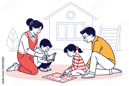 A vector cartoon illustration shows a boy and woman having winter fun skiing in the snow while children playing on the beach enjoy sports