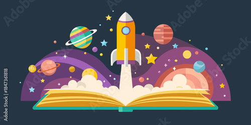 A rocket launching from an open book amidst planets and stars