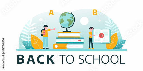 Back to school concept with students books and a globe illustration