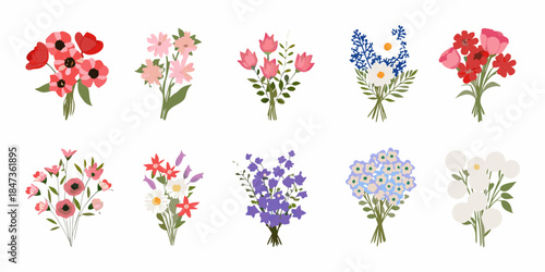 An assortment of colorful floral bouquets in a simple illustrative style